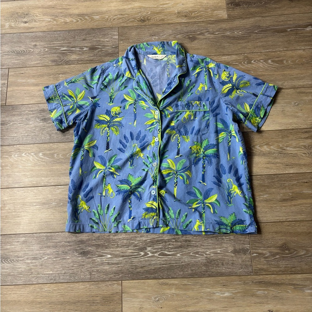 Print Fresh + Anthropologie Pajama Top Sz L Royal Palms Blue Monkey Sleep Shirt